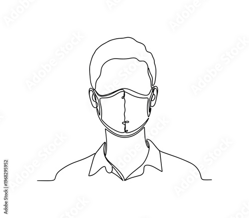 Wearing Mask. Minimalistic one-line drawing individual wearing face mask to prevent illness, continuous single black line on white background, simple outline