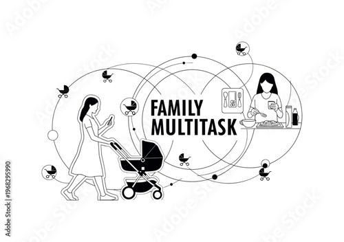family multitask geometric rings intersecting lines and minimal stroller icons realistic black and white mom pushing stroller while checking phone