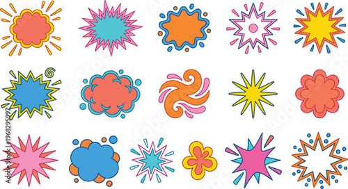 Cute burst symbol set with colorful comic starbursts, splash shapes and playful pop accents in bright tones for stickers, kids branding, posters, labels, packaging and fun graphic layouts