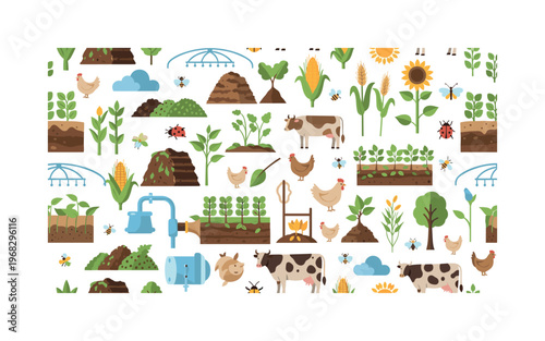 sustainable agriculture without synthetic chemicals seamless pattern, repeating pattern, surface design, textile print, modern illustration of crops, soil,