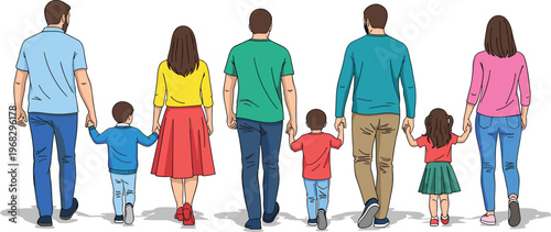 Families walking rear view illustration, parents with children holding hands, modern lifestyle concept, togetherness, parenting, colorful flat design, everyday life