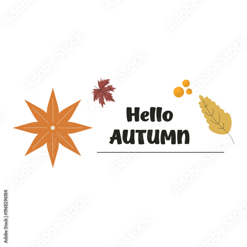 "Hello Autumn" greeting banner with colorful oak and maple leaves, flat vector seasonal illustration isolated on white.