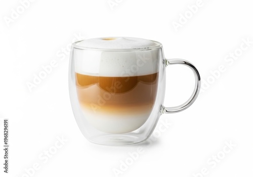 Glass cup of layered latte coffee with milk foam isolated on white background