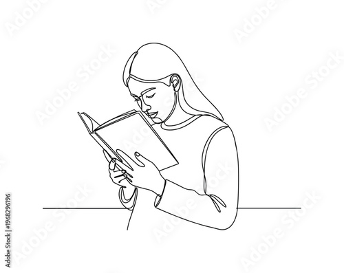 Focused Reading. Minimalistic one-line drawing individual holding open book closely and reading, continuous single black line on white background, simple