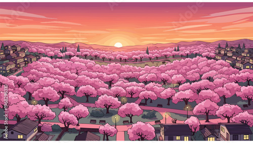 Vibrant Spring Landscape Illustration: Pink Cherry Blossom Trees Blooming Across a Serene Town Park at Sunset with a Golden Hour Glow