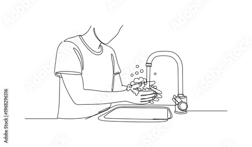 Hand Hygiene. Minimalistic one-line drawing individual using hand sanitizer, continuous single black line on white background, simple outline style, no