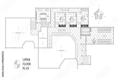 Banking agency upper plan with bank office floor layout and teller counter arrangement, clean CAD-style vector illustration isolated on white background. EPS 10.