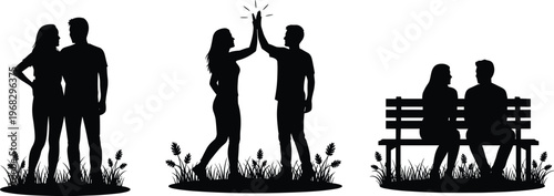 Couple silhouettes outdoor set, romantic relationship scenes, love and friendship concept, high five and sitting bench, black shadow illustration
