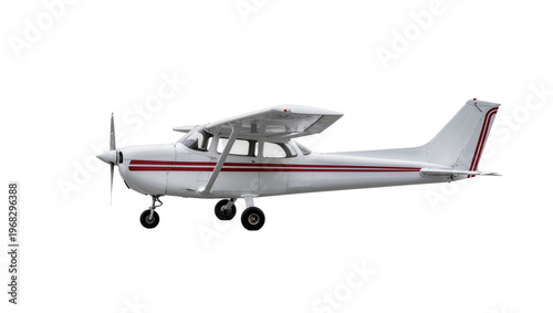 Small single-engine airplane with red and silver stripes, gracefully suspended isolated on transparent background for aviation design projects