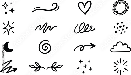 Hand drawn doodle symbol icon set with sparkles, swirls, heart, moon, cloud and sketch accents for planners, social media graphics, stickers, note pages and playful modern design projects