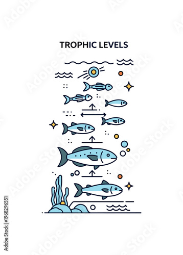 Trophic levels deep-sea ecosystem concept where bioluminescent plankton, fish, and larger predators are arranged in vertical layers while tiny sparkle and wave