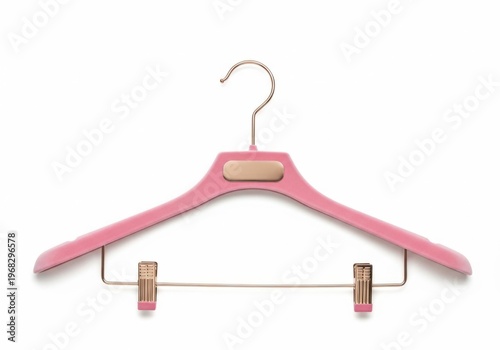 Pink velvet clothes hanger with rose gold metal clips and hook isolated on white background