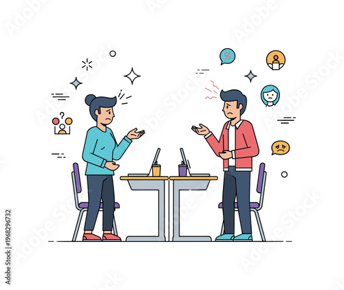 Fight between friends classroom spat scene where friends display frustration and crossed arms while small sparkle and line icons emphasize social tension,