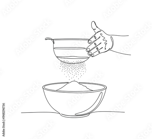 Kitchen Baking Prep. Minimalistic one-line drawing hand sifting flour into bowl with gentle motion, continuous single black line on white background, simple