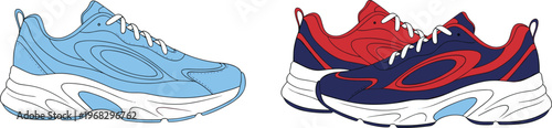 Modern Running Sneakers Set with Blue and Red Athletic Shoes, Sport Footwear Design for Fitness, Jogging, Training and Streetwear Vector Illustration