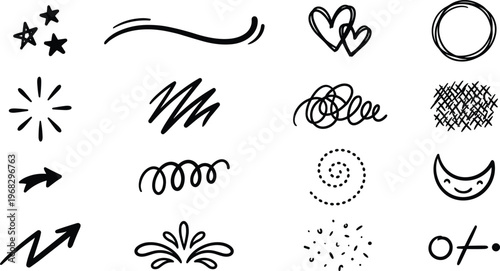 Hand drawn doodle symbol set with stars, swirls, heart, circle, scribbles and abstract accent marks for social media posts, note taking, branding, stickers and playful creative layouts