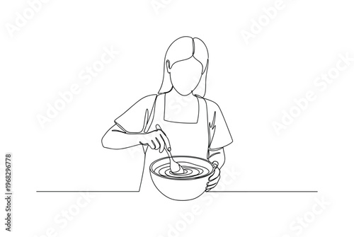 Skincare Crafting. Minimalistic one-line drawing individual stirring cream or lotion in bowl, continuous single black line on white background, simple outline