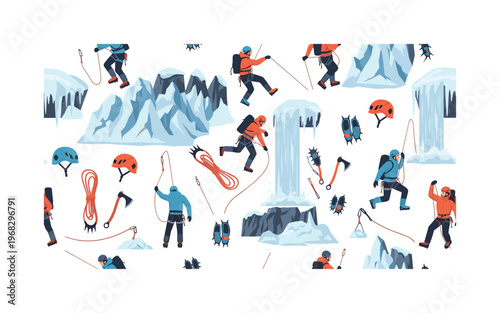 winter adventure icons seamless pattern, repeating pattern, surface design, textile print, modern illustration of ice climbers, frozen waterfalls, glaciers,
