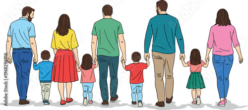 Families walking rear view illustration, parents and children holding hands, modern lifestyle concept, diverse people, parenting, togetherness, colorful flat design