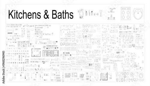 Cuadro en lienzo Kitchen and Bathroom CAD Block Set – AutoCAD EPS 10 Vector Line Art Architectura
