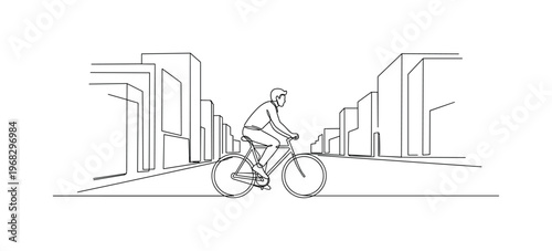 Urban Cycling. Minimalistic one-line drawing person riding bike on city street with buildings, continuous single black line on white background, simple outline