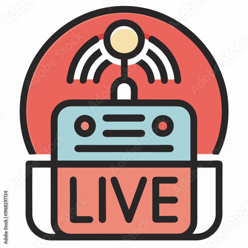 Vibrant live broadcast or streaming icon with radio waves and a 'live' text indicator