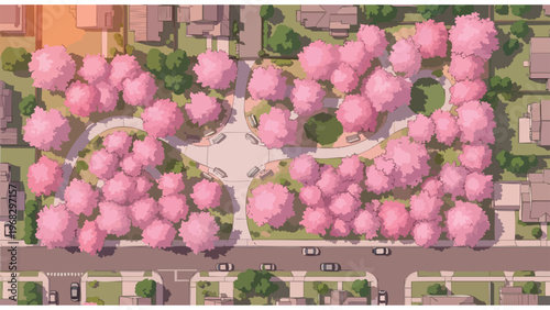 Aerial View of a Residential Park Bursting with Pink Cherry Blossom Trees, Illustrative Spring Cityscape with Houses and Street