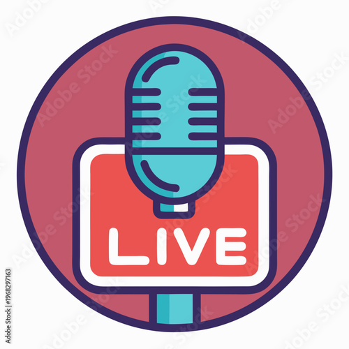 Live broadcast icon with vintage microphone for streaming and online media production