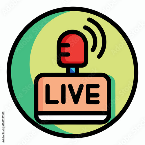 Live broadcast icon illustrating real-time streaming with a microphone and "live" text