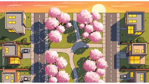 Aerial View of a Spring Neighborhood at Sunset with Modern Homes & Pink Cherry Blossom Trees