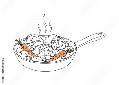 Slow Cooking Meat. Minimalistic one-line drawing braised meat and vegetables in pan, continuous single black line on white background, simple outline style, no