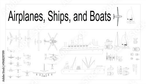Houses Airplanes Ships and Boats Line Art Set – AutoCAD Style EPS 10 Vector, Technical Outline Icons Collection, White Background