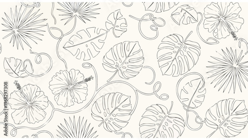 Tropical Foliage Line Art Seamless Pattern: Monstera, Hibiscus, and Palm Leaves with Vines on a Light Background