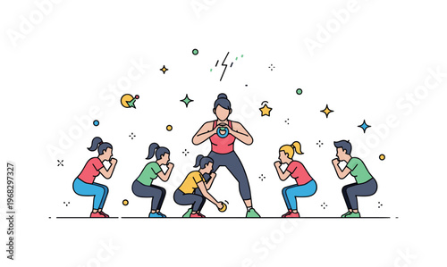 Squat group workout scene where multiple people perform squats together while small sparkle and star icons emphasize teamwork, energy, and motivation. The
