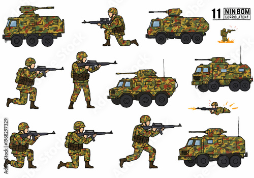 Soldiers in camouflage gear operate military vehicles and fire weapons in a combat zone with various armored trucks and personnel.
