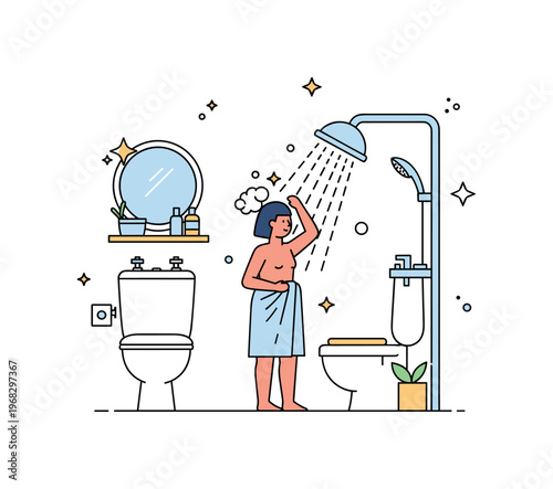 Taking a shower modern hygiene scene where a person enjoys a warm shower in a minimalist bathroom while tiny sparkle and star icons highlight