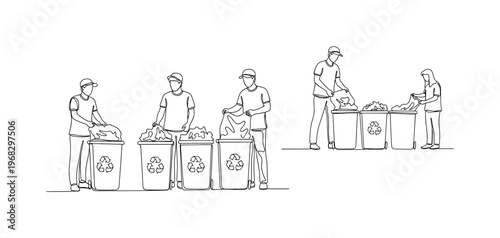 Recycling Organization. Minimalistic one-line drawing volunteers managing and sorting waste in bins, continuous single black line on white background, simple