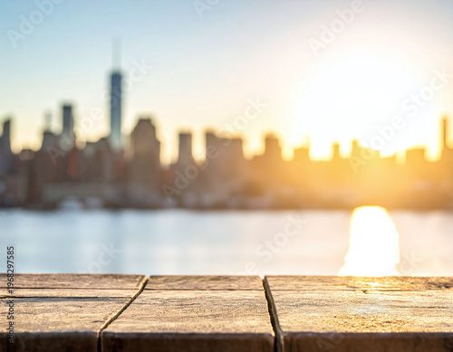 Capture urban elegance with this empty wooden table set against a blurred city skyline at sunset. Ideal for product displays, travel themes, and business marketing in a warm, golden light.