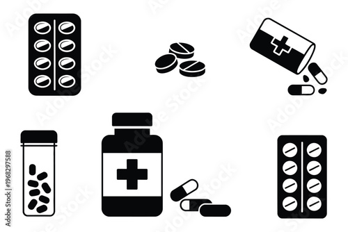 Medicament icon set, pharmaceutical and treatment symbols, clean vector sketches of pills, capsules, and medical supplies