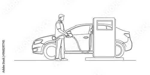Gas Station Routine. Minimalistic one-line drawing person filling car fuel at pump, continuous single black line on white background, simple outline style, no