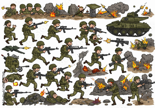 Soldiers in combat gear engage in intense battle with explosions and fire around them on a war-torn battlefield scene with military vehicles.