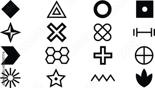 Geometric symbol icon set with abstract shapes, circles, crosses, stars and minimal marks for logos, branding, interface design, signage, posters and modern graphic systems