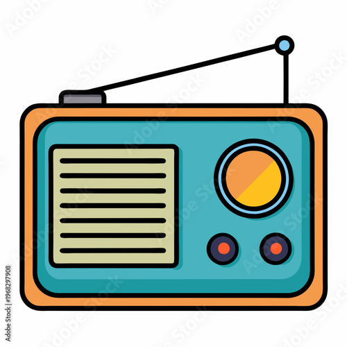 A colorful cartoon illustration of a vintage radio receiver with an antenna and control knobs