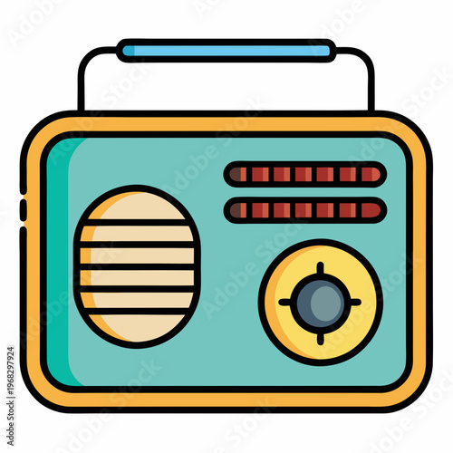 A colorful cartoon illustration of a vintage portable radio receiver with a handle