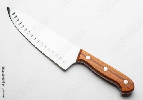 Professional chef kitchen knife with wooden handle isolated on white background