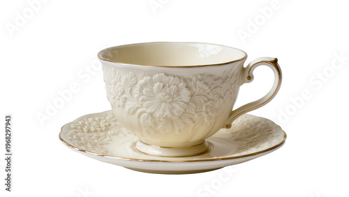 Fotografía Elegant ivory porcelain teacup with embossed floral design and gilded rim restin