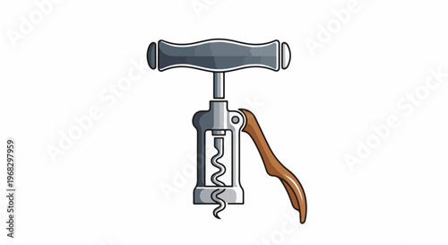 A metal and wood corkscrew with a spiral worm and T-shaped handle