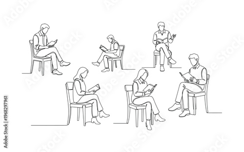 Literary Friends. Minimalistic one-line drawing people sitting on chairs reading and talking, continuous single black line on white background, simple outline