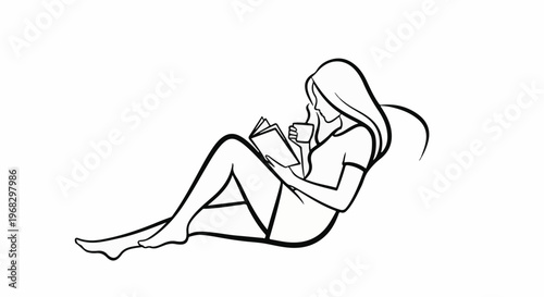 A relaxed woman reads a book and sips from a mug