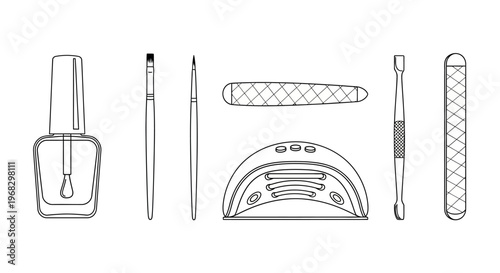 Clean line art illustration of manicure and nail art tools polish, brushes, files, cuticle pushers, and UV/LED lamp for beauty and salon concepts